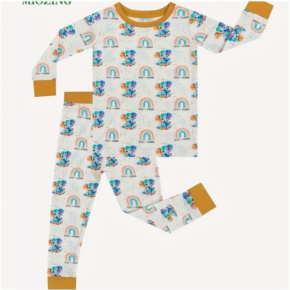 Toddler Girls Boys Bamboo 2 Piece Pajamas Pjs Set Rainbow Elephants Fitted d4-5